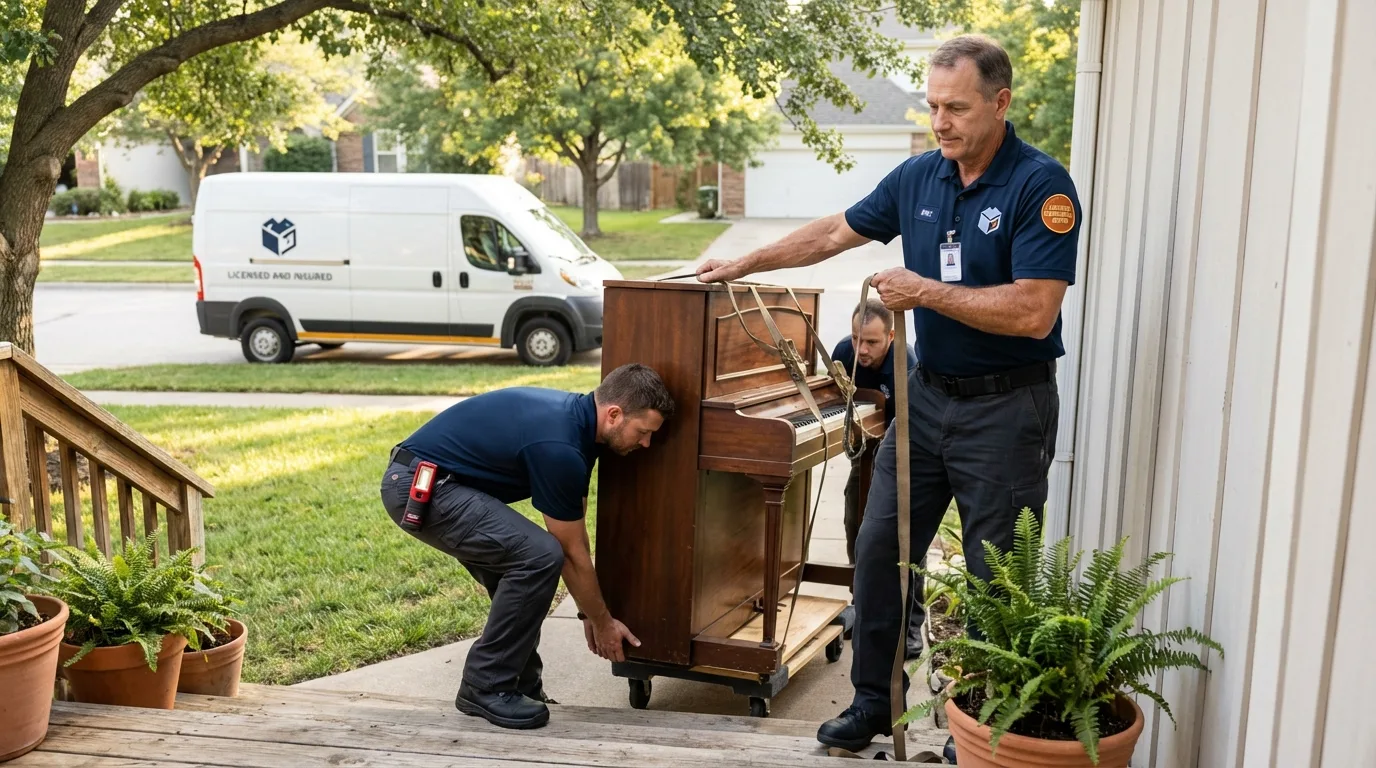 Licensed piano movers securing grand piano in Moundsville, WV