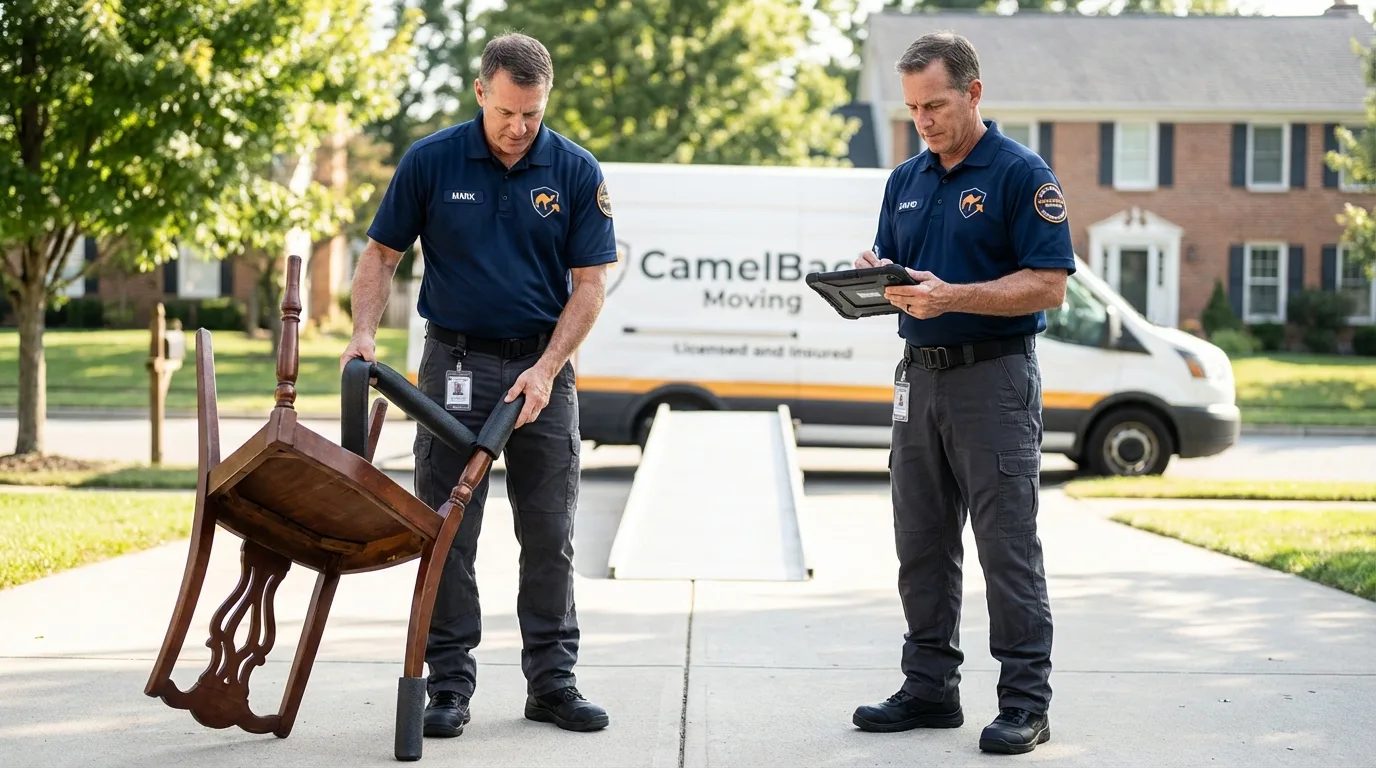 Movers inspecting furniture for damage prevention before loading in Moundsville, WV