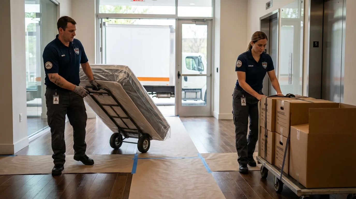 Professional apartment movers loading elevator in Moundsville, WV
