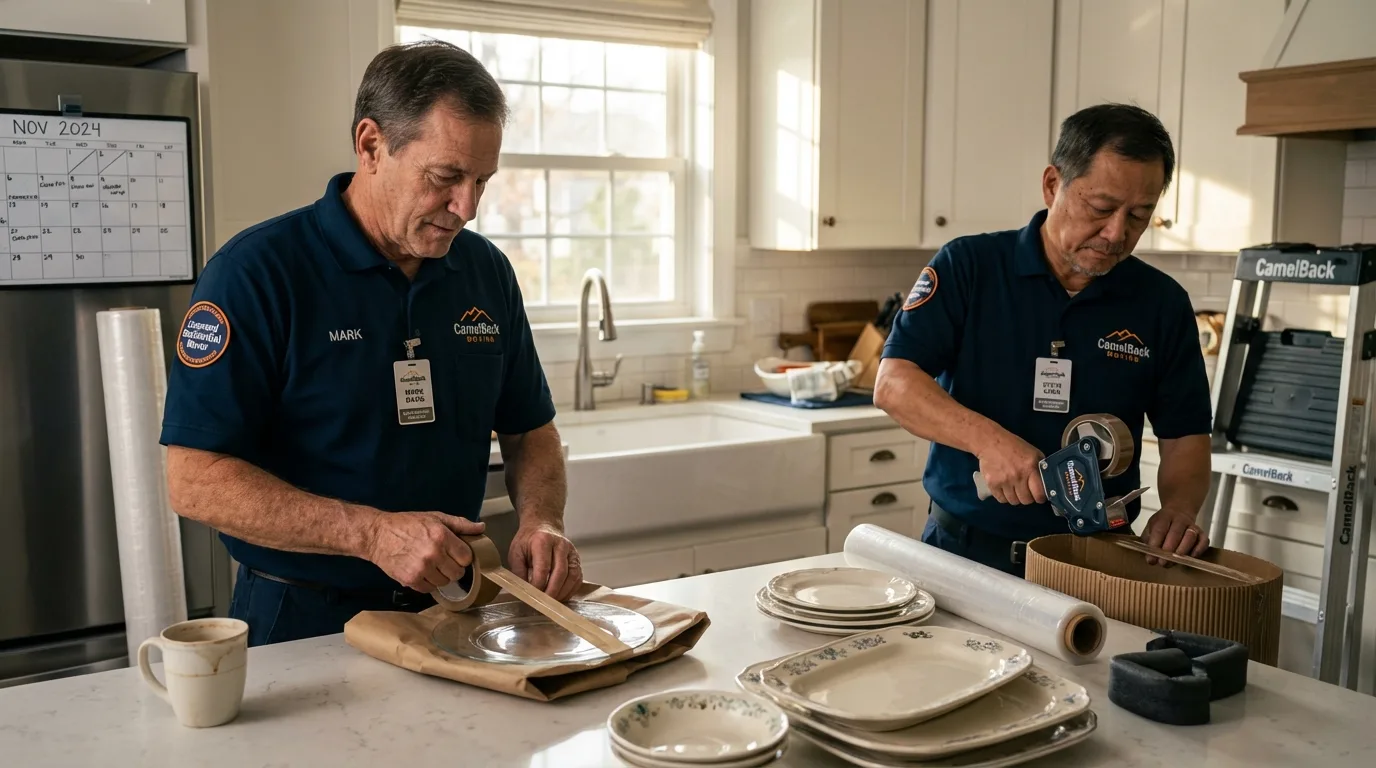 Professional crew packing kitchen dishware in Moundsville, WV
